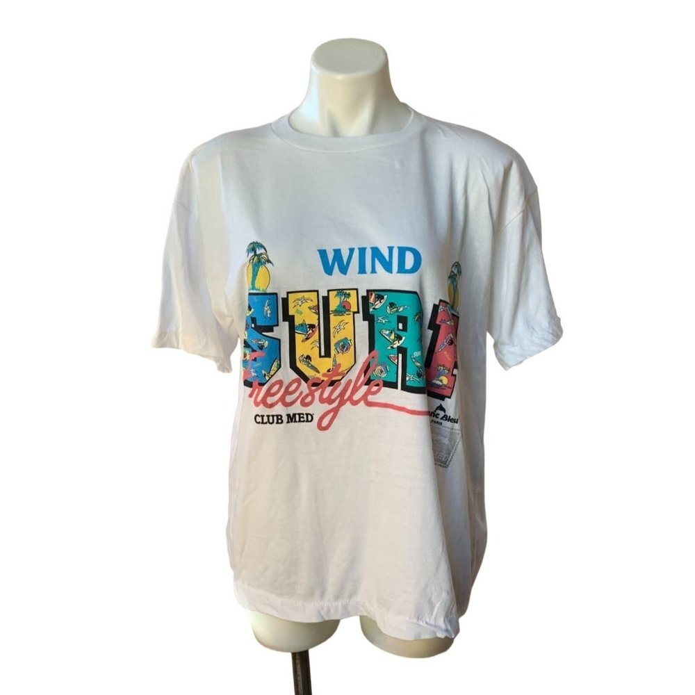 Vintage Blanc Bleu Mens Short Sleeve Graphic T-Shirt Wind Surf Club Med Sz 1/Sml